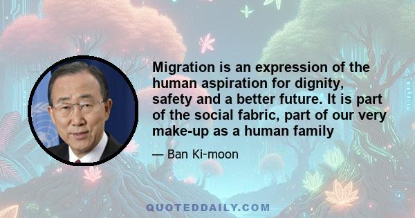 Migration is an expression of the human aspiration for dignity, safety and a better future. It is part of the social fabric, part of our very make-up as a human family