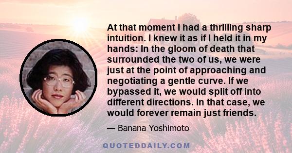 At that moment I had a thrilling sharp intuition. I knew it as if I held it in my hands: In the gloom of death that surrounded the two of us, we were just at the point of approaching and negotiating a gentle curve. If