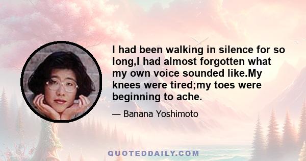 I had been walking in silence for so long,I had almost forgotten what my own voice sounded like.My knees were tired;my toes were beginning to ache.