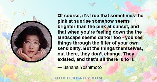 Of course, it’s true that sometimes the pink at sunrise somehow seems brighter than the pink at sunset, and that when you’re feeling down the the landscape seems darker too - you see things through the filter of your