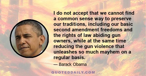 I do not accept that we cannot find a common sense way to preserve our traditions, including our basic second amendment freedoms and the rights of law abiding gun owners, while at the same time reducing the gun violence 