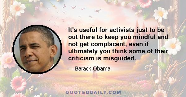 It's useful for activists just to be out there to keep you mindful and not get complacent, even if ultimately you think some of their criticism is misguided.