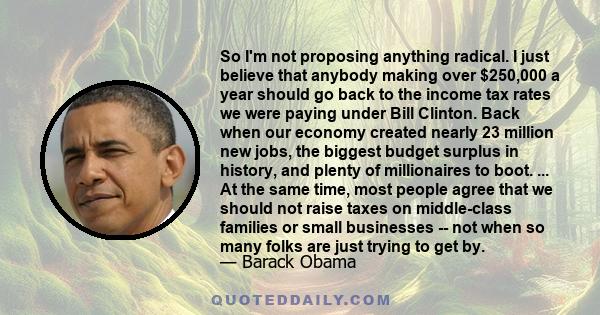 So I'm not proposing anything radical. I just believe that anybody making over $250,000 a year should go back to the income tax rates we were paying under Bill Clinton. Back when our economy created nearly 23 million