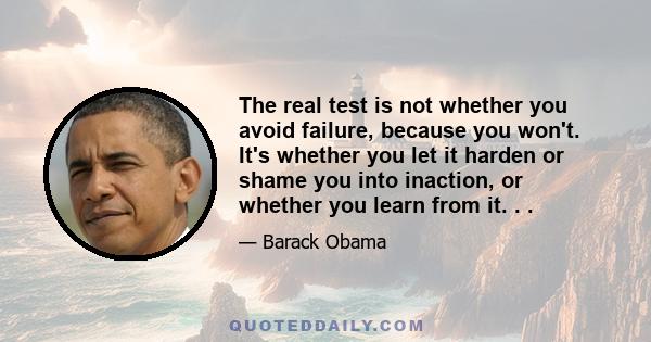 The real test is not whether you avoid failure, because you won't. It's whether you let it harden or shame you into inaction, or whether you learn from it. . .