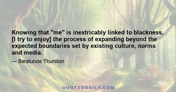 Knowing that me is inextricably linked to blackness, [I try to enjoy] the process of expanding beyond the expected boundaries set by existing culture, norms and media.