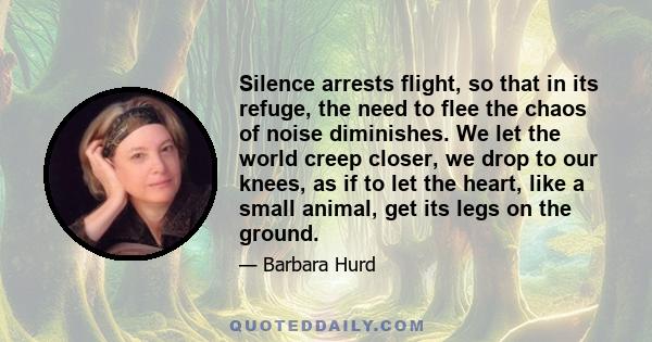 Silence arrests flight, so that in its refuge, the need to flee the chaos of noise diminishes. We let the world creep closer, we drop to our knees, as if to let the heart, like a small animal, get its legs on the ground.