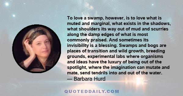 To love a swamp, however, is to love what is muted and marginal, what exists in the shadows, what shoulders its way out of mud and scurries along the damp edges of what is most commonly praised. And sometimes its