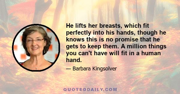 He lifts her breasts, which fit perfectly into his hands, though he knows this is no promise that he gets to keep them. A million things you can't have will fit in a human hand.