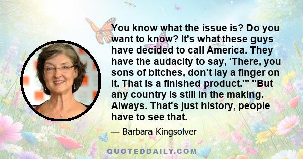 You know what the issue is? Do you want to know? It's what these guys have decided to call America. They have the audacity to say, 'There, you sons of bitches, don't lay a finger on it. That is a finished product.' But