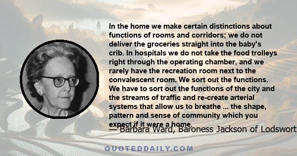 In the home we make certain distinctions about functions of rooms and corridors; we do not deliver the groceries straight into the baby's crib. In hospitals we do not take the food trolleys right through the operating