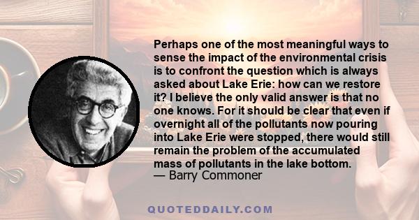 Perhaps one of the most meaningful ways to sense the impact of the environmental crisis is to confront the question which is always asked about Lake Erie: how can we restore it? I believe the only valid answer is that