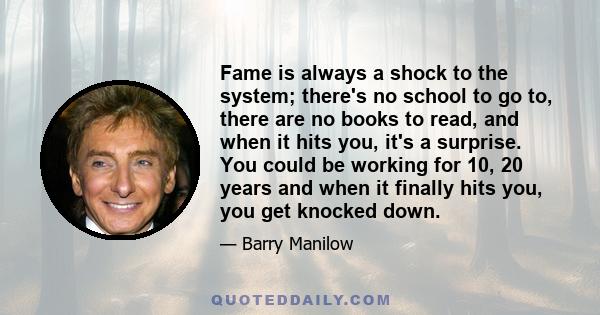 Fame is always a shock to the system; there's no school to go to, there are no books to read, and when it hits you, it's a surprise. You could be working for 10, 20 years and when it finally hits you, you get knocked