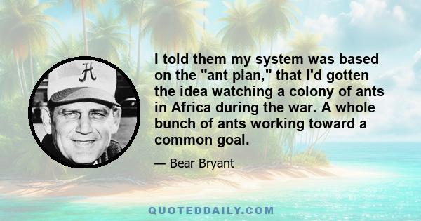 I told them my system was based on the ant plan, that I'd gotten the idea watching a colony of ants in Africa during the war. A whole bunch of ants working toward a common goal.