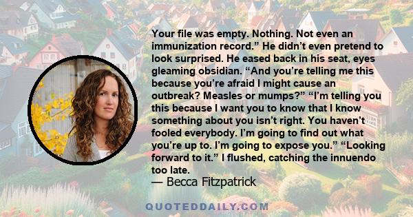 Your file was empty. Nothing. Not even an immunization record.” He didn’t even pretend to look surprised. He eased back in his seat, eyes gleaming obsidian. “And you’re telling me this because you’re afraid I might