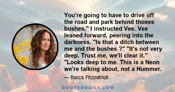 You're going to have to drive off the road and park behind thoses bushes, I instructed Vee. Vee leaned forward, peering into the darkness. Is that a ditch between me and the bushes ? It's not very deep. Trust me, we'll