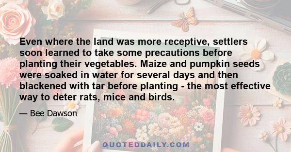 Even where the land was more receptive, settlers soon learned to take some precautions before planting their vegetables. Maize and pumpkin seeds were soaked in water for several days and then blackened with tar before