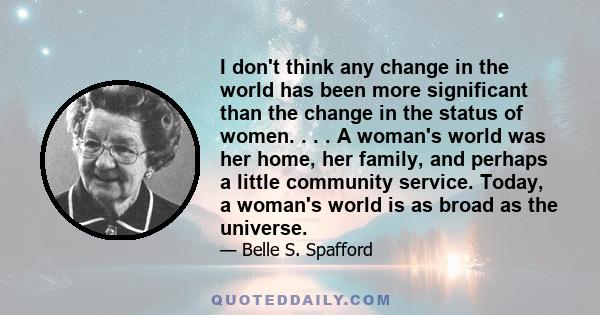 I don't think any change in the world has been more significant than the change in the status of women. . . . A woman's world was her home, her family, and perhaps a little community service. Today, a woman's world is