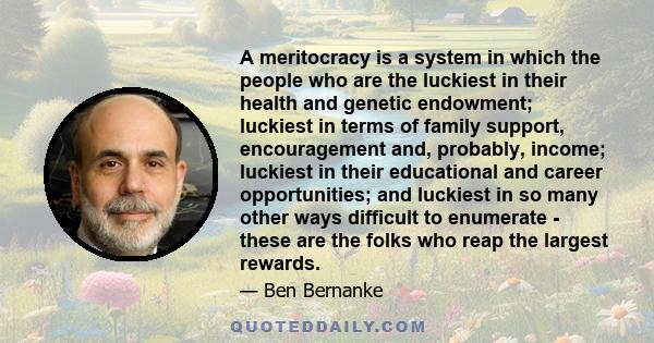 A meritocracy is a system in which the people who are the luckiest in their health and genetic endowment; luckiest in terms of family support, encouragement and, probably, income; luckiest in their educational and