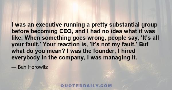 I was an executive running a pretty substantial group before becoming CEO, and I had no idea what it was like. When something goes wrong, people say, 'It's all your fault.' Your reaction is, 'It's not my fault.' But