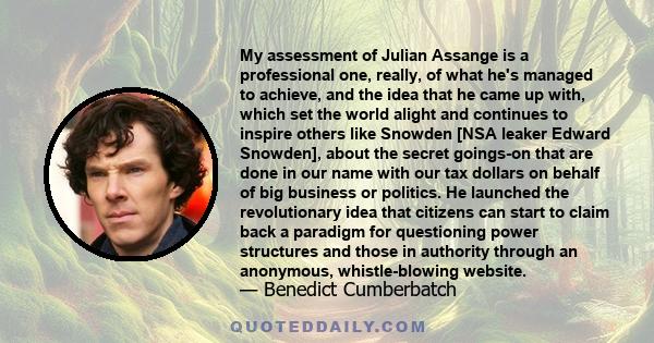 My assessment of Julian Assange is a professional one, really, of what he's managed to achieve, and the idea that he came up with, which set the world alight and continues to inspire others like Snowden [NSA leaker