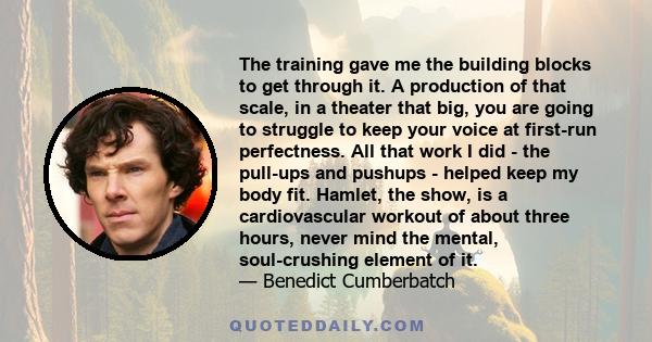 The training gave me the building blocks to get through it. A production of that scale, in a theater that big, you are going to struggle to keep your voice at first-run perfectness. All that work I did - the pull-ups