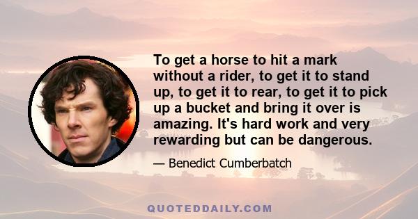 To get a horse to hit a mark without a rider, to get it to stand up, to get it to rear, to get it to pick up a bucket and bring it over is amazing. It's hard work and very rewarding but can be dangerous.