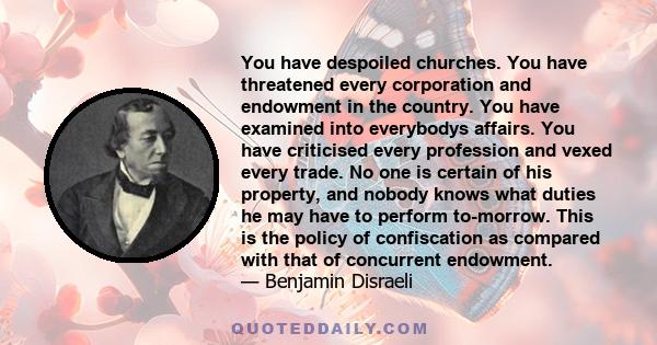 You have despoiled churches. You have threatened every corporation and endowment in the country. You have examined into everybodys affairs. You have criticised every profession and vexed every trade. No one is certain