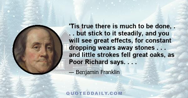 'Tis true there is much to be done, . . . but stick to it steadily, and you will see great effects, for constant dropping wears away stones . . . and little strokes fell great oaks, as Poor Richard says. . . .