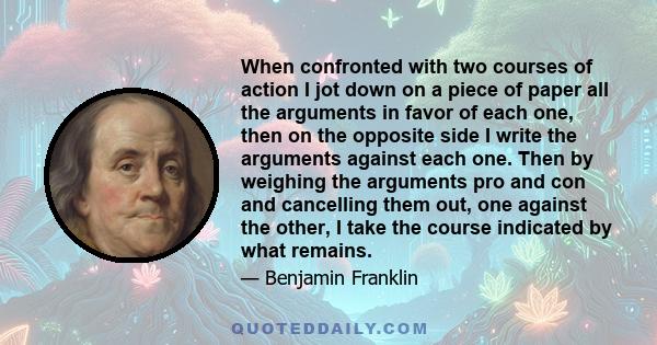 When confronted with two courses of action I jot down on a piece of paper all the arguments in favor of each one, then on the opposite side I write the arguments against each one. Then by weighing the arguments pro and