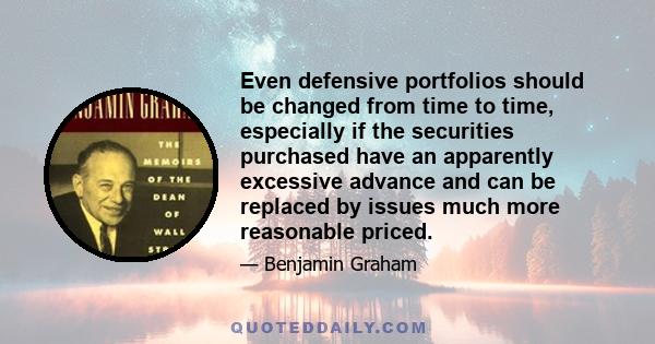 Even defensive portfolios should be changed from time to time, especially if the securities purchased have an apparently excessive advance and can be replaced by issues much more reasonable priced.