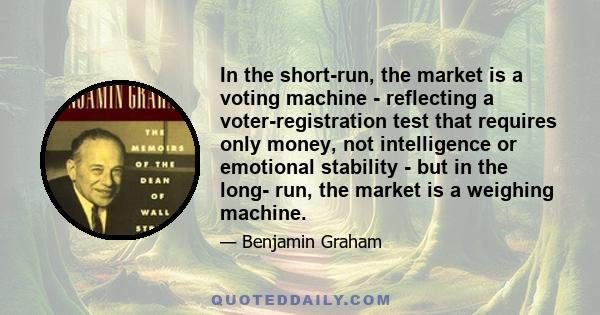 In the short-run, the market is a voting machine - reflecting a voter-registration test that requires only money, not intelligence or emotional stability - but in the long- run, the market is a weighing machine.