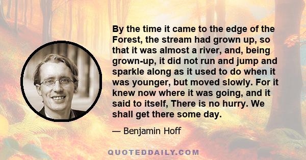 By the time it came to the edge of the Forest, the stream had grown up, so that it was almost a river, and, being grown-up, it did not run and jump and sparkle along as it used to do when it was younger, but moved