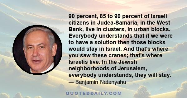 90 percent, 85 to 90 percent of Israeli citizens in Judea-Samaria, in the West Bank, live in clusters, in urban blocks. Everybody understands that if we were to have a solution then those blocks would stay in Israel.