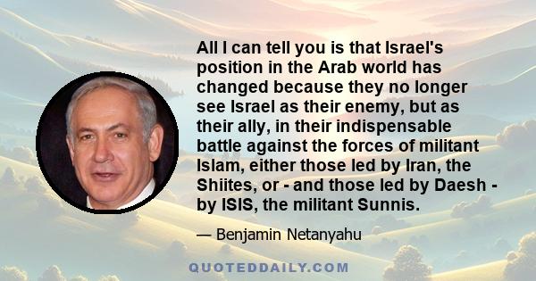 All I can tell you is that Israel's position in the Arab world has changed because they no longer see Israel as their enemy, but as their ally, in their indispensable battle against the forces of militant Islam, either