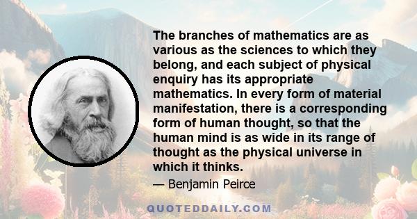 The branches of mathematics are as various as the sciences to which they belong, and each subject of physical enquiry has its appropriate mathematics. In every form of material manifestation, there is a corresponding