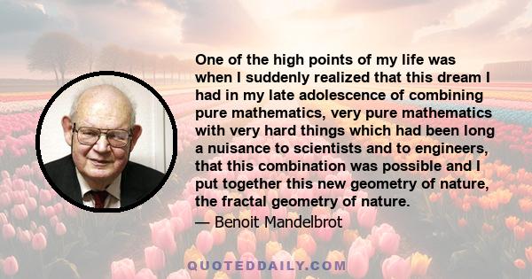 One of the high points of my life was when I suddenly realized that this dream I had in my late adolescence of combining pure mathematics, very pure mathematics with very hard things which had been long a nuisance to