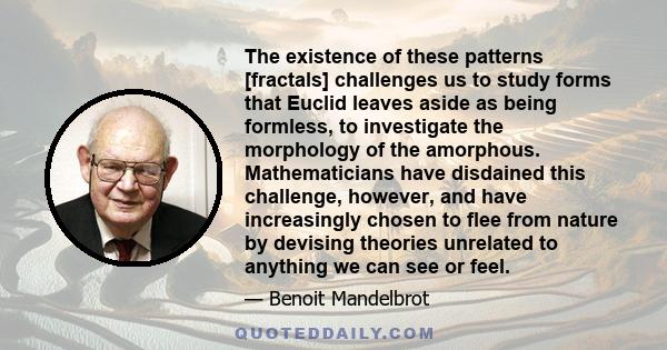 The existence of these patterns [fractals] challenges us to study forms that Euclid leaves aside as being formless, to investigate the morphology of the amorphous. Mathematicians have disdained this challenge, however,