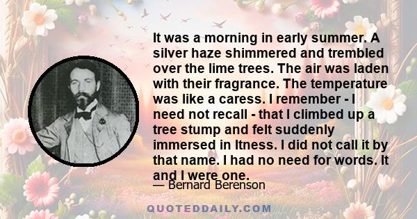 It was a morning in early summer. A silver haze shimmered and trembled over the lime trees. The air was laden with their fragrance. The temperature was like a caress. I remember - I need not recall - that I climbed up a 