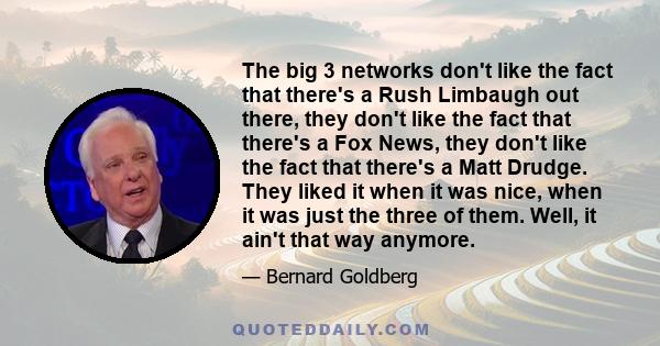 The big 3 networks don't like the fact that there's a Rush Limbaugh out there, they don't like the fact that there's a Fox News, they don't like the fact that there's a Matt Drudge. They liked it when it was nice, when