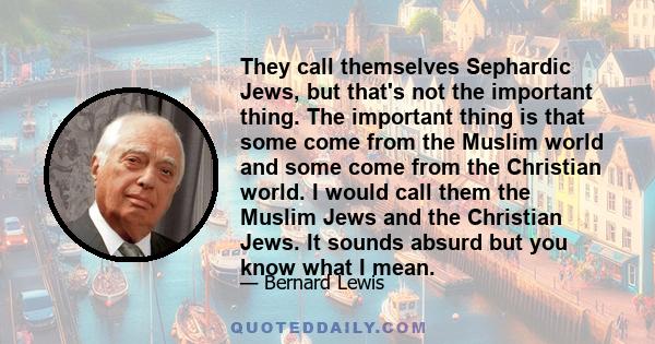 They call themselves Sephardic Jews, but that's not the important thing. The important thing is that some come from the Muslim world and some come from the Christian world. I would call them the Muslim Jews and the