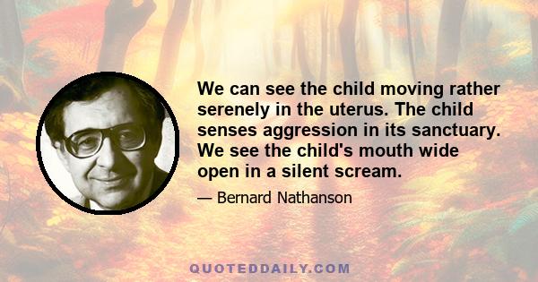 We can see the child moving rather serenely in the uterus. The child senses aggression in its sanctuary. We see the child's mouth wide open in a silent scream.