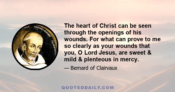 The heart of Christ can be seen through the openings of his wounds. For what can prove to me so clearly as your wounds that you, O Lord Jesus, are sweet & mild & plenteous in mercy.