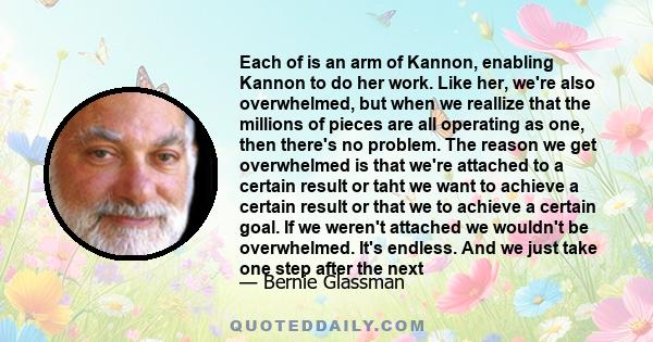 Each of is an arm of Kannon, enabling Kannon to do her work. Like her, we're also overwhelmed, but when we reallize that the millions of pieces are all operating as one, then there's no problem. The reason we get