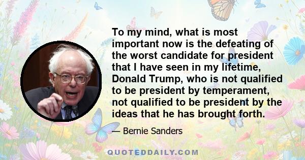 To my mind, what is most important now is the defeating of the worst candidate for president that I have seen in my lifetime, Donald Trump, who is not qualified to be president by temperament, not qualified to be