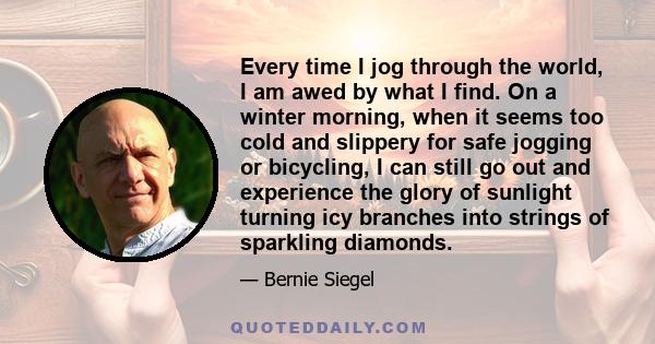 Every time I jog through the world, I am awed by what I find. On a winter morning, when it seems too cold and slippery for safe jogging or bicycling, I can still go out and experience the glory of sunlight turning icy