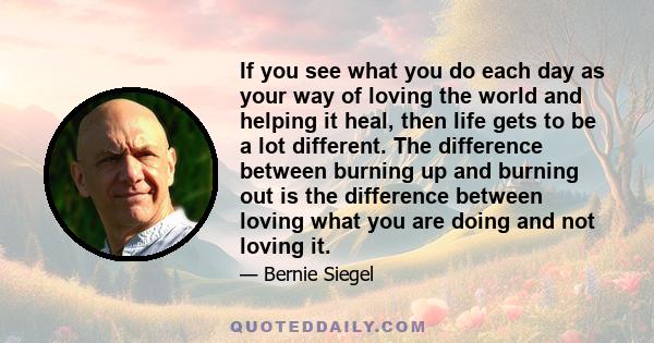 If you see what you do each day as your way of loving the world and helping it heal, then life gets to be a lot different. The difference between burning up and burning out is the difference between loving what you are