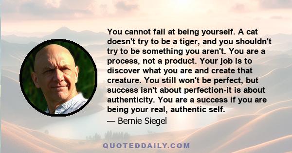 You cannot fail at being yourself. A cat doesn't try to be a tiger, and you shouldn't try to be something you aren't. You are a process, not a product. Your job is to discover what you are and create that creature. You