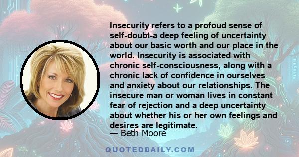 Insecurity refers to a profoud sense of self-doubt-a deep feeling of uncertainty about our basic worth and our place in the world. Insecurity is associated with chronic self-consciousness, along with a chronic lack of