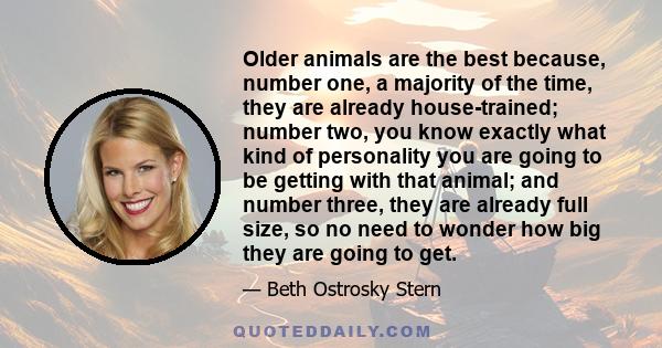 Older animals are the best because, number one, a majority of the time, they are already house-trained; number two, you know exactly what kind of personality you are going to be getting with that animal; and number