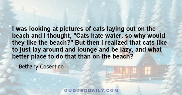 I was looking at pictures of cats laying out on the beach and I thought, Cats hate water, so why would they like the beach? But then I realized that cats like to just lay around and lounge and be lazy, and what better